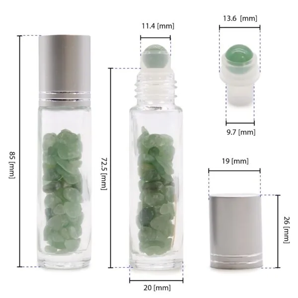 Clear glass green gemstone roller bottle with silver cap and dimensions.