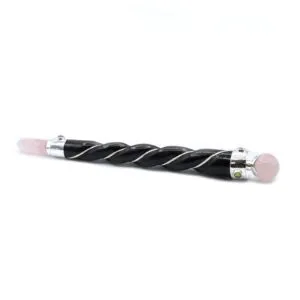 Rose quartz crystal wand with a black twisted core wrapped in silver wire.