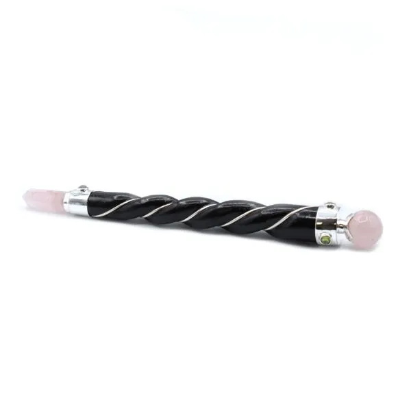 Crystal Wand Rose Quartz Pink And Black Twisted Wire Wrap Rose quartz crystal wand with a black twisted core wrapped in silver wire.
