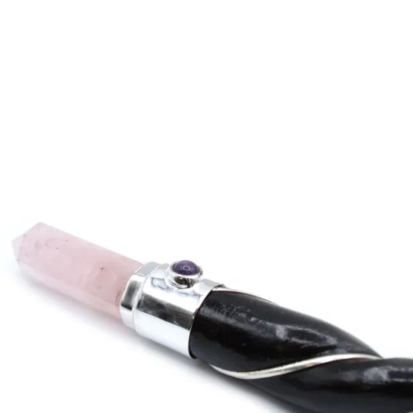 Crystal Wand Quartz Marble Black and Pink Amethyst Accent Black marble crystal wand featuring a pink quartz point and silver amethyst accent.