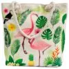 Natural canvas tote bag featuring a tropical pink flamingo design and knotted rope handles.