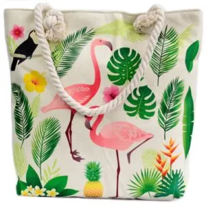 Natural canvas tote bag featuring a tropical pink flamingo design and knotted rope handles.