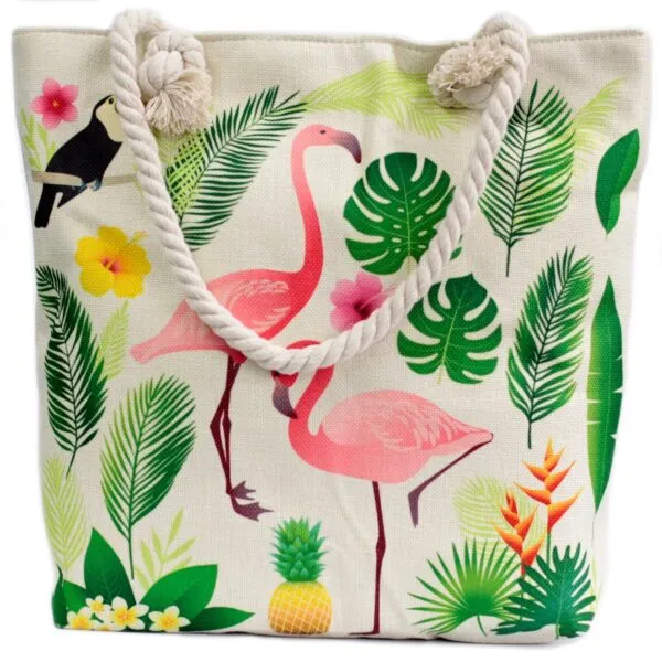 Natural canvas tote bag featuring a tropical pink flamingo design and knotted rope handles.