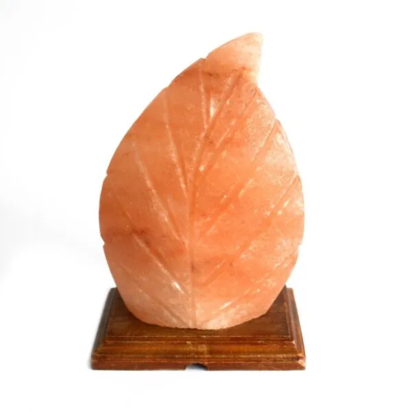 Leaf Shaped Salt Lamp Himalayan Rock Salt Pink Wooden Base Leaf-shaped pink Himalayan salt lamp with carved veins on a square wooden base.
