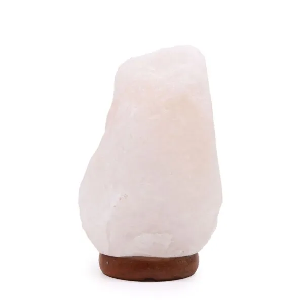 Natural pink Himalayan salt block crystal mounted on a round wooden base.