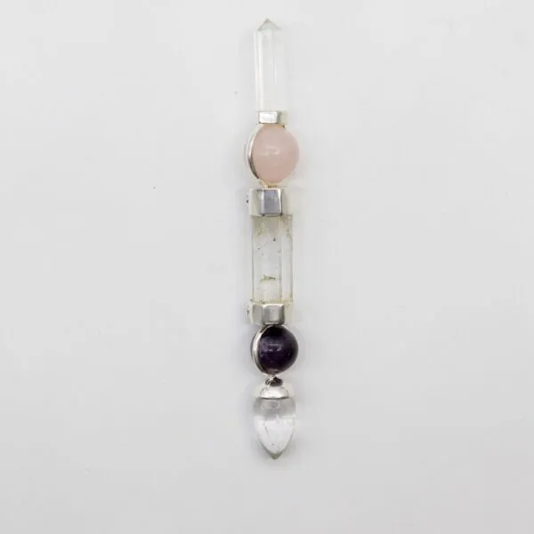 Linear Crystal Pendant Silver Pink And Purple 5 Stone Stack Linear silver crystal pendant featuring rose quartz, purple amethyst, and clear quartz gemstones.