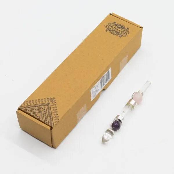 Crystal Healing Wand Quartz Pink And Purple Kraft Gift Box Clear quartz crystal wand with rose quartz and amethyst spheres beside kraft gift box.