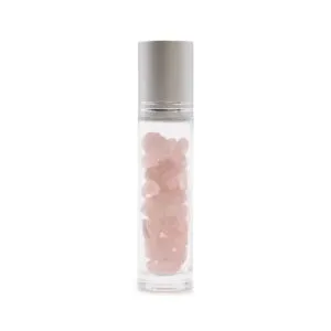 Clear glass roller bottle filled with pink rose quartz crystals and a silver cap.