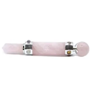 Rose quartz crystal healing wand with a pointed tip, sphere, and silver gemstone bands.