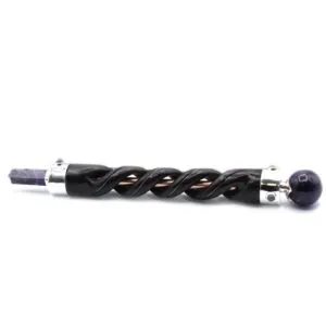 Amethyst Pointed Wand - Ebonised Wood Purple Crystal Tip Healing Wand - Copper Pipe Amethyst pointed wand featuring black ebonised wood, silver accents, and purple crystal tip.