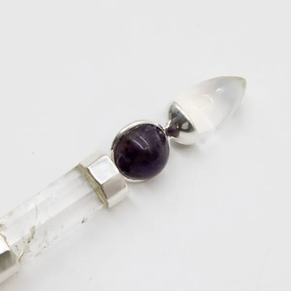 Crystal Wand Amethyst Quartz Purple Clear Silver Bezel Handcrafted crystal wand with a purple amethyst sphere, clear quartz points, and silver bezels.
