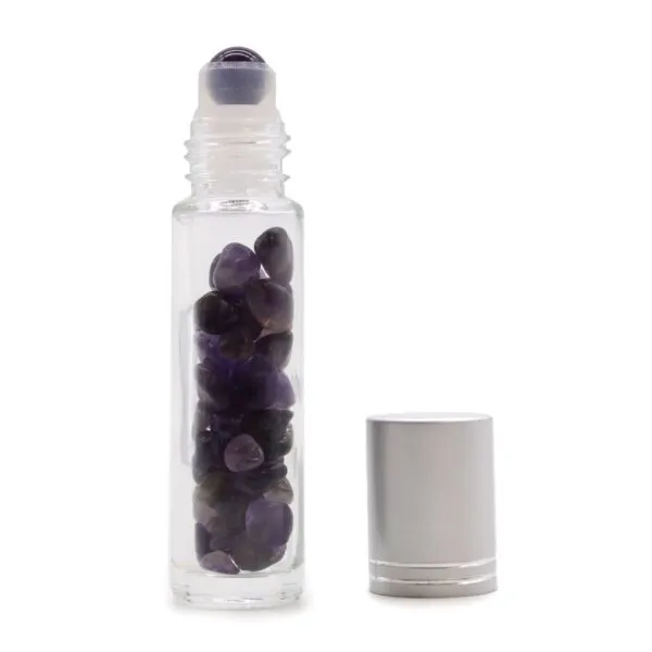 Clear glass 10ml roller bottle filled with purple amethyst gemstones and a brushed silver cap.