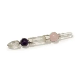 Axis of Grace Wand: Amethyst. Crystal healing wand featuring polished amethyst, rose quartz, clear quartz, and sterling silver.