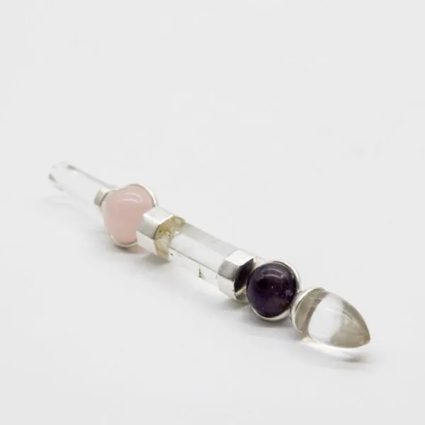 Healing Crystal Wand Sterling Silver Purple Amethyst Point Handcrafted sterling silver healing wand featuring purple amethyst cabochon and clear quartz points.