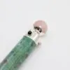 Rose Quartz Gemstone Wand Pink Green Silver Sphere Setting Rose quartz gemstone wand featuring a pink sphere on a patterned green stone handle.