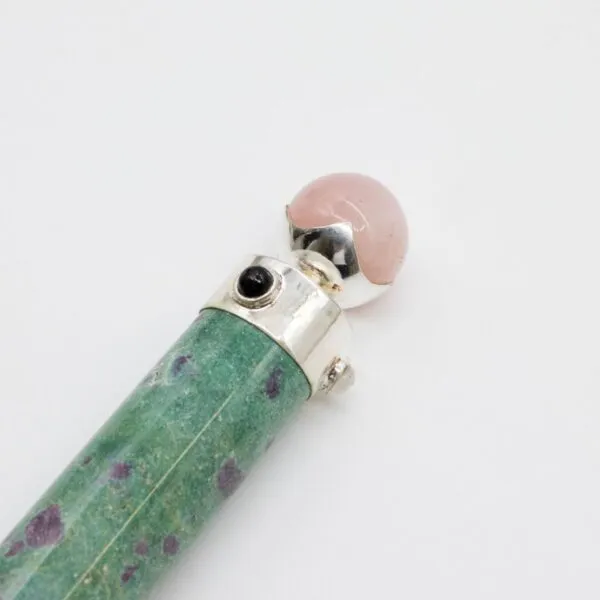 Rose Quartz Gemstone Wand Pink Green Silver Sphere Setting Rose quartz gemstone wand featuring a pink sphere on a patterned green stone handle.