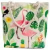 Cotton canvas tote bag featuring a vibrant tropical flamingo print and rope handles.
