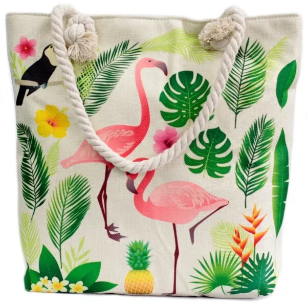 Cotton canvas tote bag featuring a vibrant tropical flamingo print and rope handles.