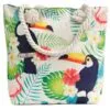 Off-white canvas beach tote bag with a colourful tropical toucan print and rope handles.