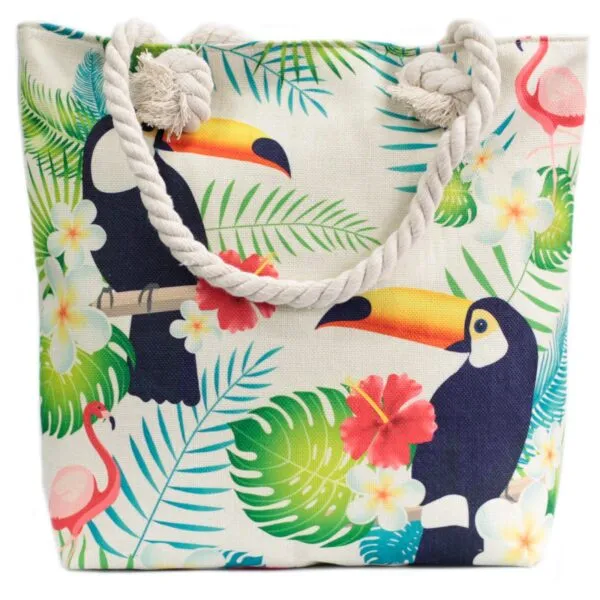 Off-white canvas beach tote bag with a colourful tropical toucan print and rope handles.