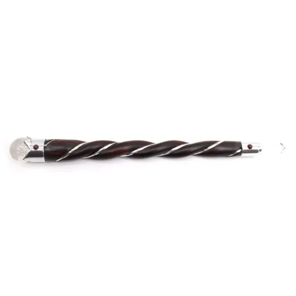 Twisted brown wooden wand with spiralled silver wire and round red rubies.