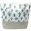 Cactus print canvas tote bag with a beige linen base and cream rope handles.