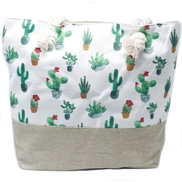 Cactus print canvas tote bag with a beige linen base and cream rope handles.