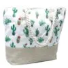 Cactus print canvas tote bag with a taupe burlap base and white rope handles.