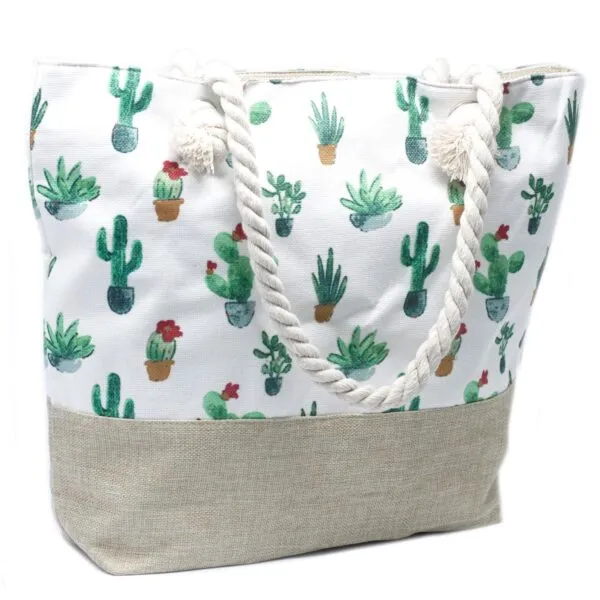 Cactus print canvas tote bag with a taupe burlap base and white rope handles.