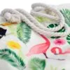 White canvas tropical tote bag featuring a toucan and flamingo print with rope handles.