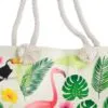 Off-white tropical beach bag featuring a toucan and flamingo print with rope handles.