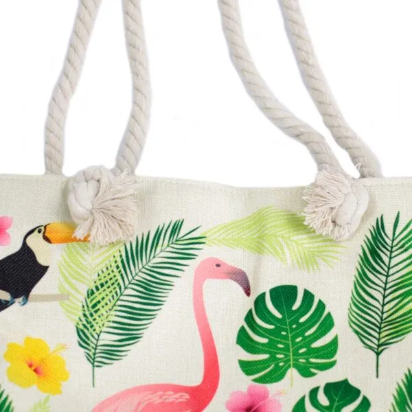 Off-white tropical beach bag featuring a toucan and flamingo print with rope handles.