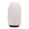 Himalayan Salt Lamp Natural Crystal White Dark Wooden Base Natural white Himalayan salt lamp with a rough crystal texture on a dark wooden base.