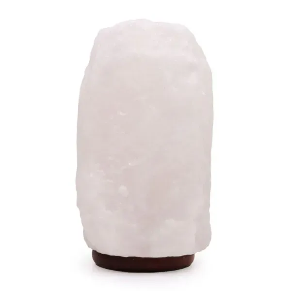 Himalayan Salt Lamp Natural Crystal White Dark Wooden Base Natural white Himalayan salt lamp with a rough crystal texture on a dark wooden base.