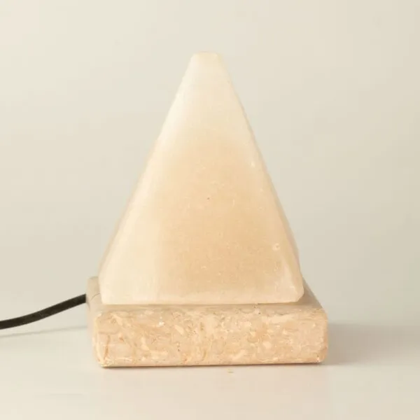 Pyramid Salt Lamp Natural Stone White USB Night Light Pyramid-shaped white natural stone USB salt lamp on a polished square base.