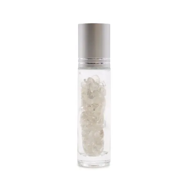 Clear glass roller bottle filled with white crystal stones and a brushed silver cap.
