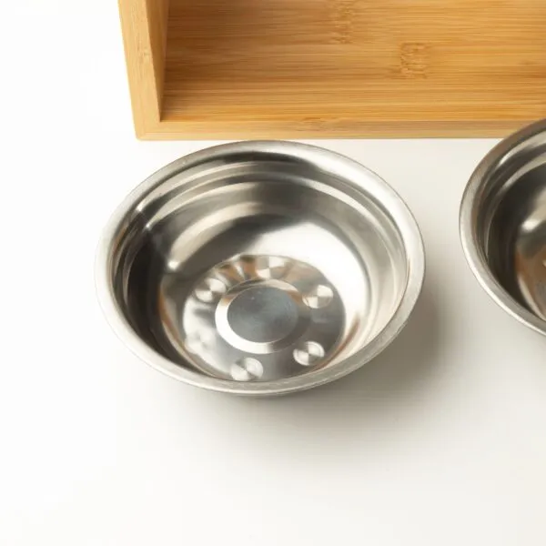 PAW Food Bowls - Large Double Stainless Steel (201) in Wooden Stand - 2x13cm