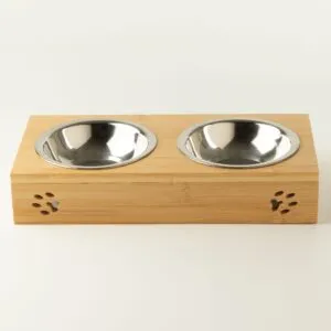 bG9jYWw6Ly9tZWRpYS8xTi82Qy82MFIzMEMxSjZSVjM2QzFOLzM0MWQwMmRhLmpwZw.webp PAW Food Bowls - Double Stainless Steel in Wooden Stand - 2x12cm