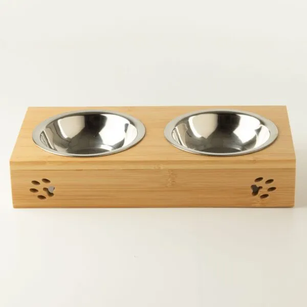 PAW Food Bowls - Double Stainless Steel in Wooden Stand - 2x12cm