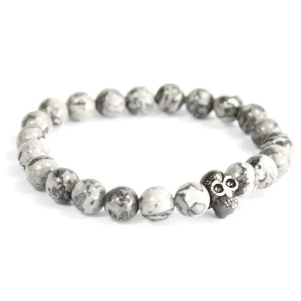 bG9jYWw6Ly9tZWRpYS8xUS84Qy82MFIzMEMxRzZNUks4QzFRLzE2ZDYwODQ1LmpwZWc.webp Pewter Skull / Grey Agate - Gemstone Bracelet