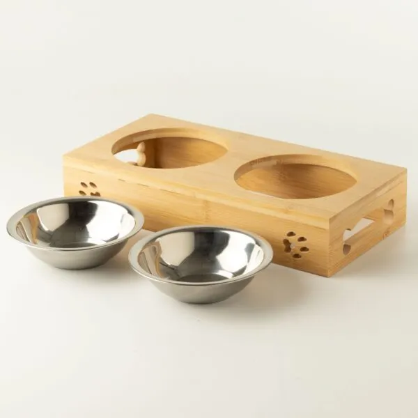PAW Food Bowls - Double Stainless Steel in Wooden Stand - 2x12cm
