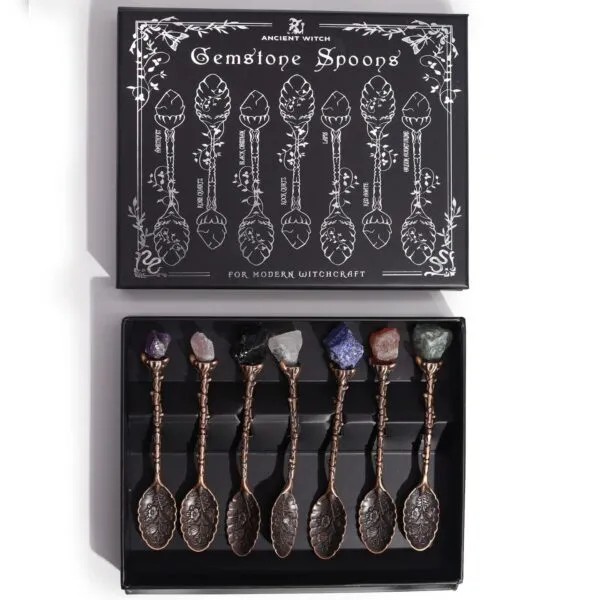 Set of 7 Bronze Gemstone Crystal Witch Spoons