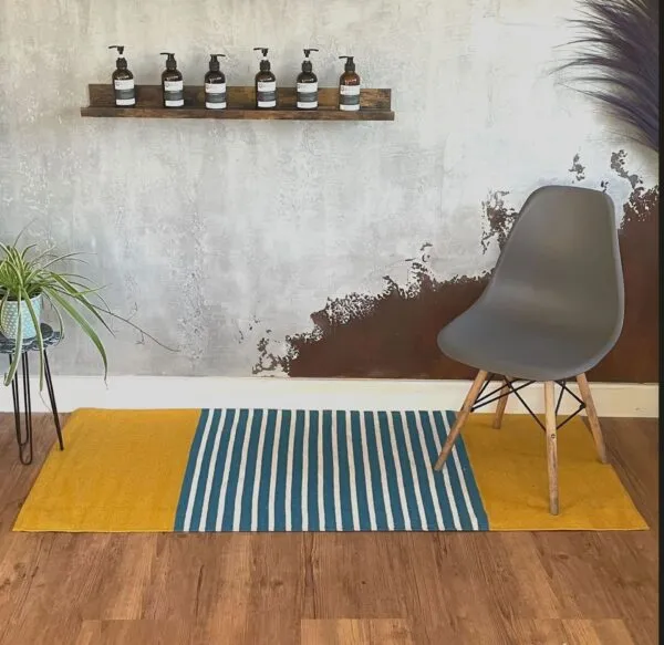 bG9jYWw6Ly9tZWRpYS9IUy80Qy82MFIzMEMxRzZSVks0Q0hTL2ZlY2Y3MGU2LmpwZWc.webp Indian Cotton Rug - 70x170cm - Yellow/ Blue