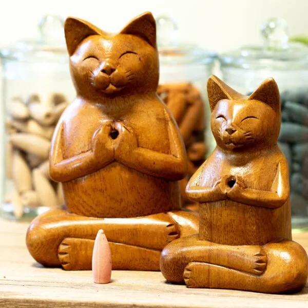 Wooden Carved Incense Burners - Lrg Yoga Cat