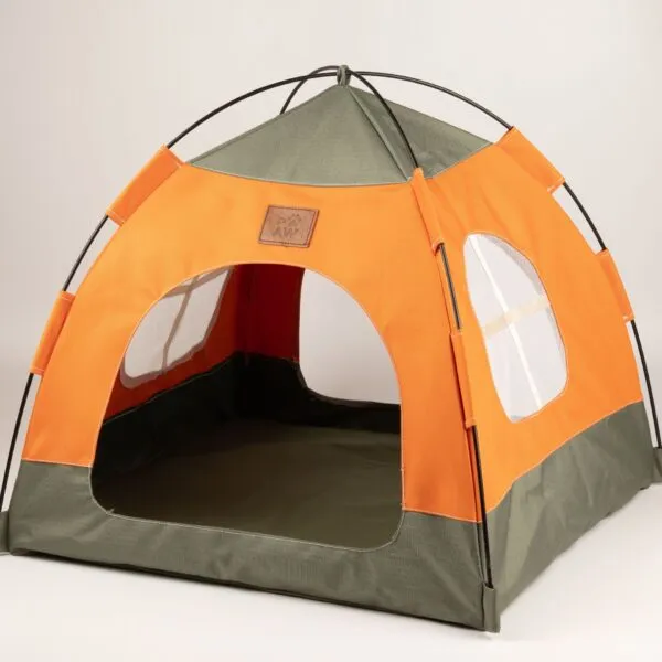 PAW Bed – Green & Orange Tent – 48 × 48 × 40cm