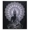Meditating Buddha Wall Tapestry Cotton Black Mandala Print Black cotton wall tapestry featuring a white screen-printed meditating Buddha and intricate mandala.