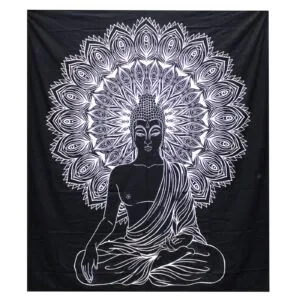 Black cotton wall tapestry featuring a white screen-printed meditating Buddha and intricate mandala.