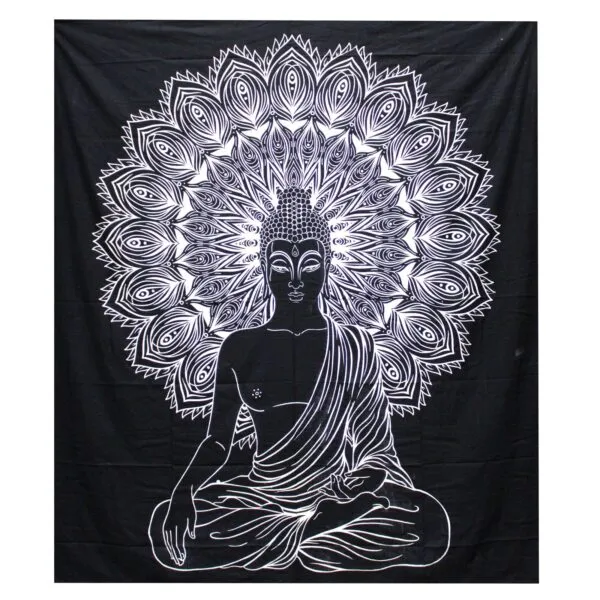 Meditating Buddha Wall Tapestry Cotton Black Mandala Print Black cotton wall tapestry featuring a white screen-printed meditating Buddha and intricate mandala.