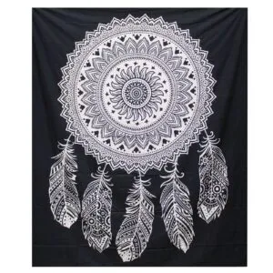 Black cotton wall hanging featuring a detailed white mandala and feather print.
