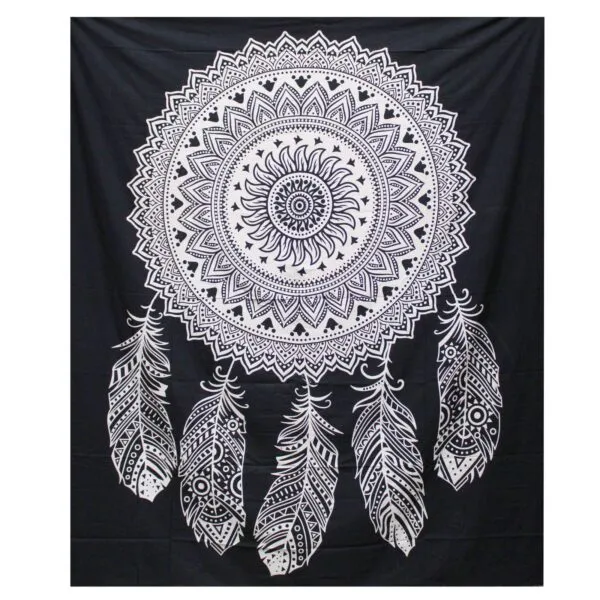 Mandala Tapestry Cotton Wall Hanging Black Feather Print Black cotton wall hanging featuring a detailed white mandala and feather print.